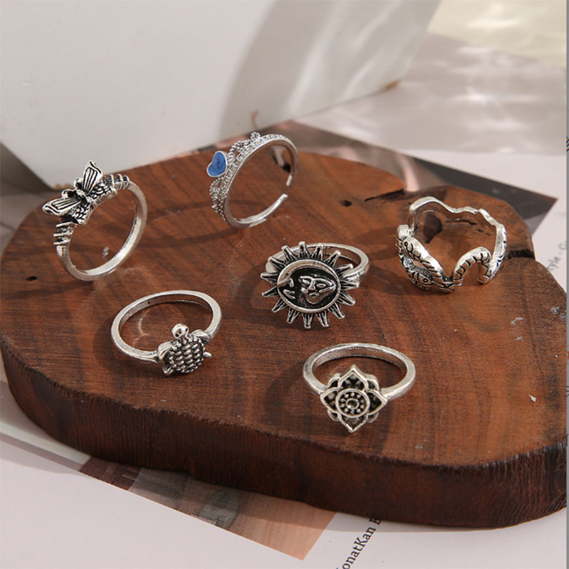 6pcs/set Punk Gothic Ring Butterfly Snake Ring  For Women Vintage Silver Ring Party Jewelry Gift