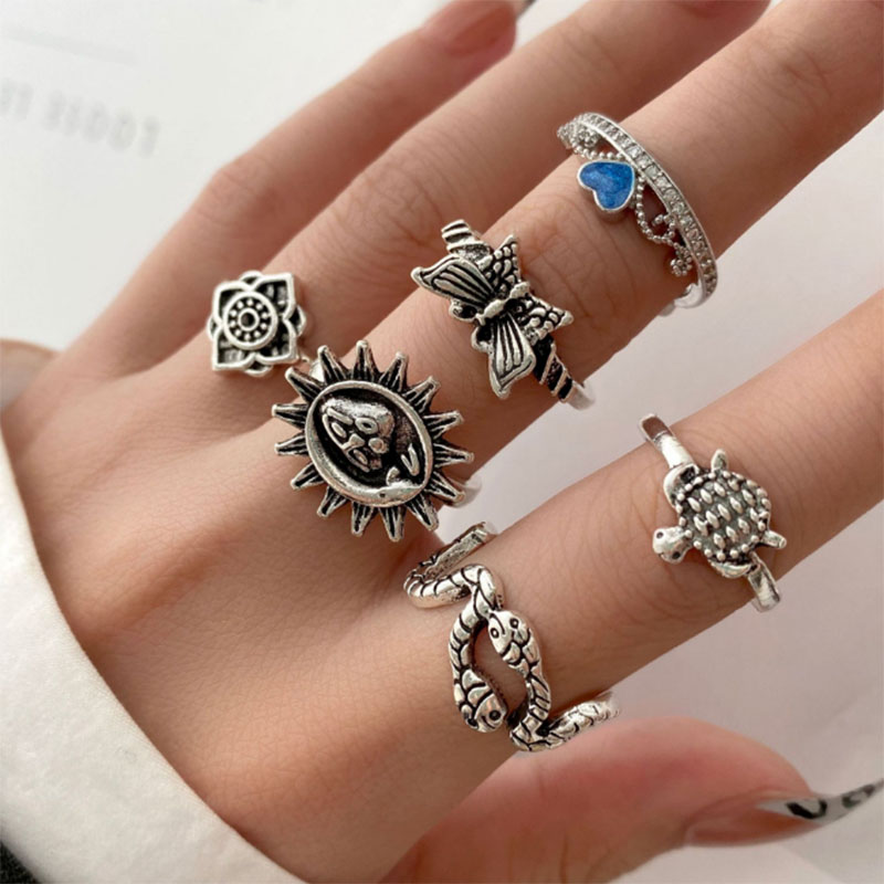 6pcs/set Punk Gothic Ring Butterfly Snake Ring  For Women Vintage Silver Ring Party Jewelry Gift