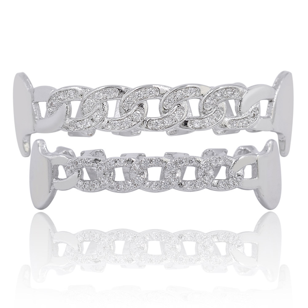 Iced Out Cuban Chain Grillz Teeth Bling Zircon Stone Grills Tooth Jewelry For Men Women Rapper Caps Goth Fashion Jewelry