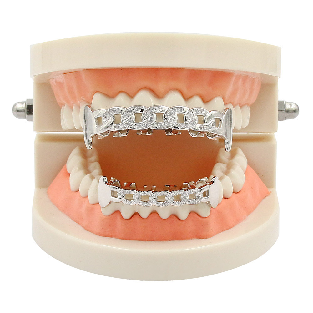 Iced Out Cuban Chain Grillz Teeth Bling Zircon Stone Grills Tooth Jewelry For Men Women Rapper Caps Goth Fashion Jewelry