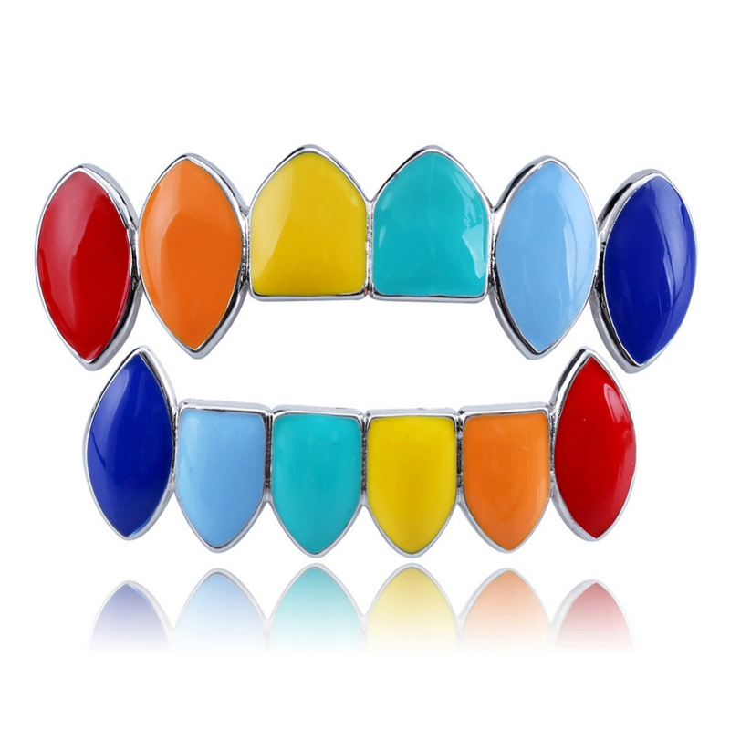 HipHop Rainbow Gold Silver color Teeth Grillz Top & Bottom Grills Dental Mouth Cosplay Party Tooth Punk Body Jewelry Gifts