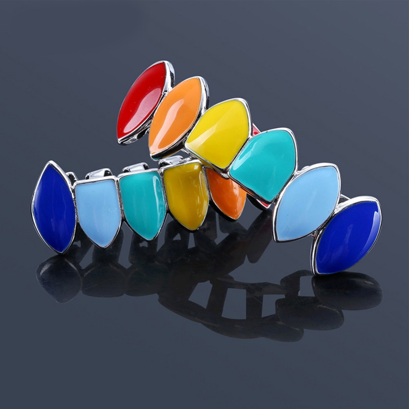 HipHop Rainbow Gold Silver color Teeth Grillz Top & Bottom Grills Dental Mouth Cosplay Party Tooth Punk Body Jewelry Gifts