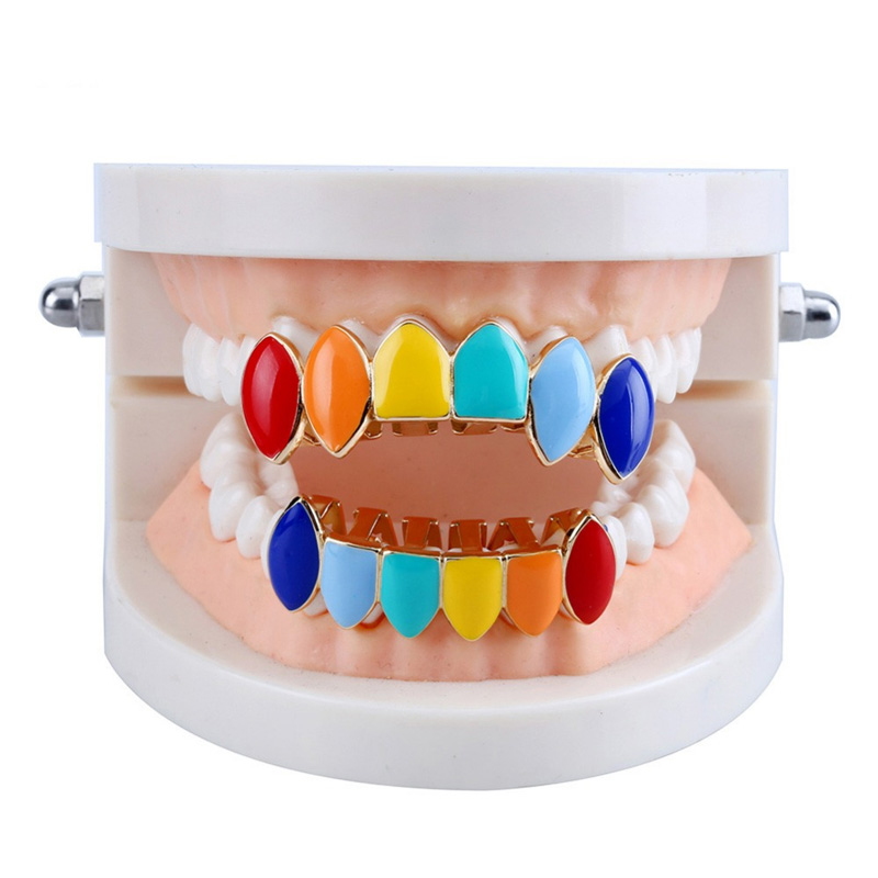 HipHop Rainbow Gold Silver color Teeth Grillz Top & Bottom Grills Dental Mouth Cosplay Party Tooth Punk Body Jewelry Gifts