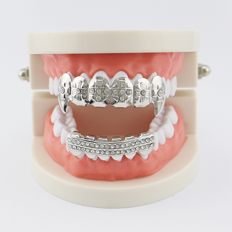 Men Cross Crystal Hip Hop Teeth Grillz Top Bottom Set Gold Silver Color Grills Vampire Fang Dental Tooth Cap Mouth Body Jewelry