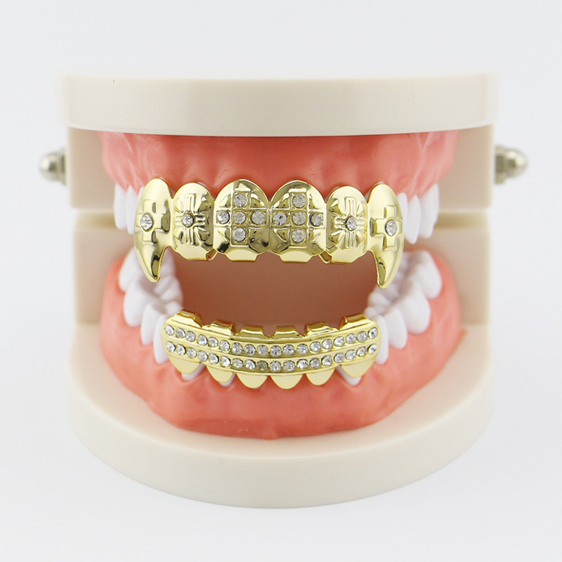 Men Cross Crystal Hip Hop Teeth Grillz Top Bottom Set Gold Silver Color Grills Vampire Fang Dental Tooth Cap Mouth Body Jewelry