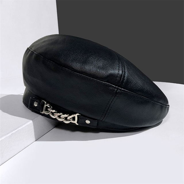 Chain Leather Beret Hat Female Autumn Winter Vintage Octagonal Casual Elegant Party Outdoor Painter Hat for Women