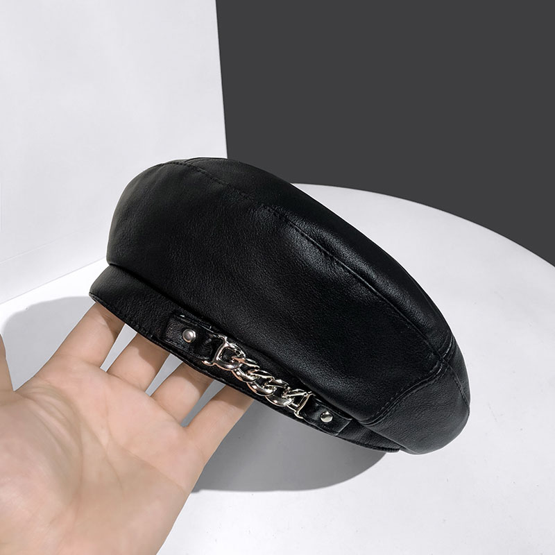 Chain Leather Beret Hat Female Autumn Winter Vintage Octagonal Casual Elegant Party Outdoor Painter Hat for Women