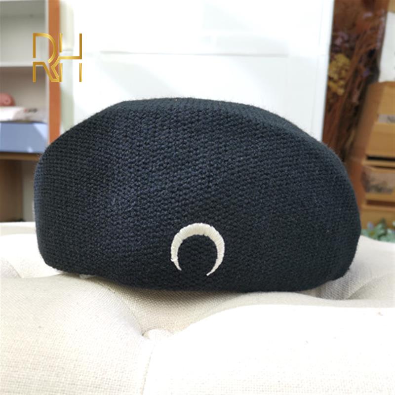Knit Winter Warm Black Beret Female French Artist Beanie Hat Gothic Punk Style Retro Moon Embroidery Women Painter Hat
