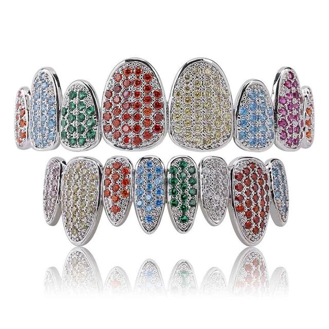 Hip Hop Iced Out Rainbow Teeth Grillz Top & Bottom Grills Dental Mouth Punk Teeth Caps Cosplay Party Rapper Jewelry