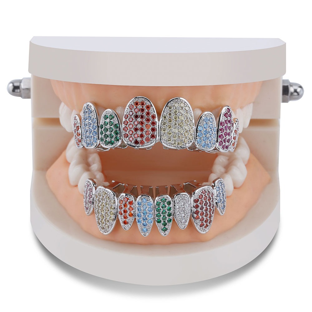 Hip Hop Iced Out Rainbow Teeth Grillz Top & Bottom Grills Dental Mouth Punk Teeth Caps Cosplay Party Rapper Jewelry