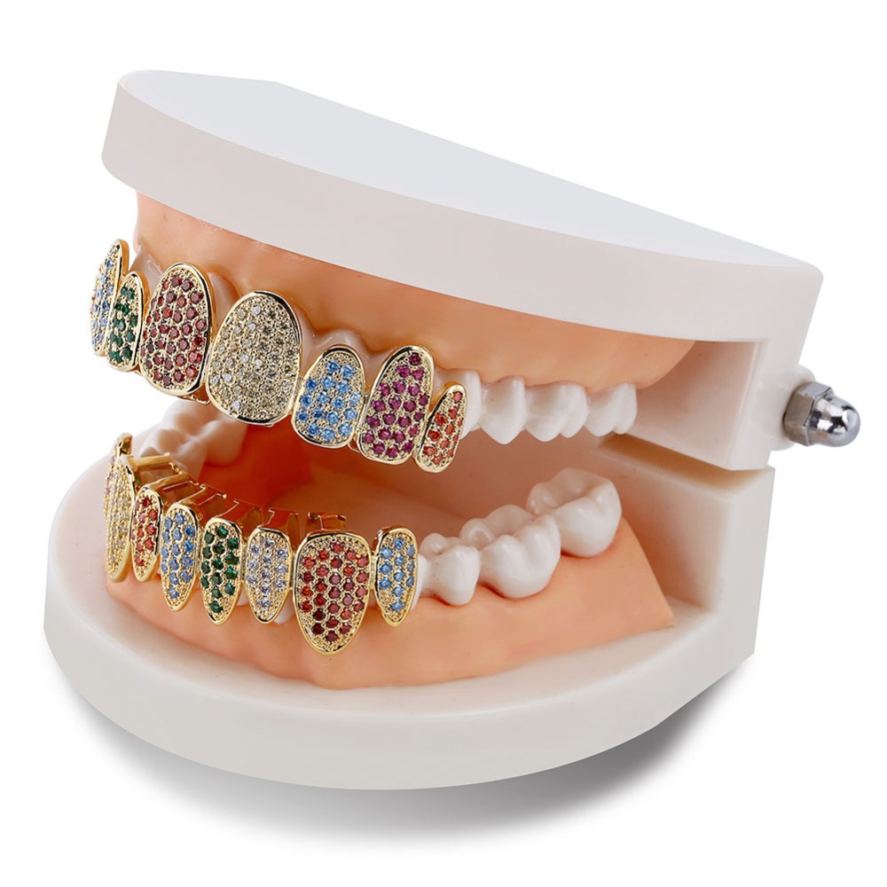 Hip Hop Iced Out Rainbow Teeth Grillz Top & Bottom Grills Dental Mouth Punk Teeth Caps Cosplay Party Rapper Jewelry