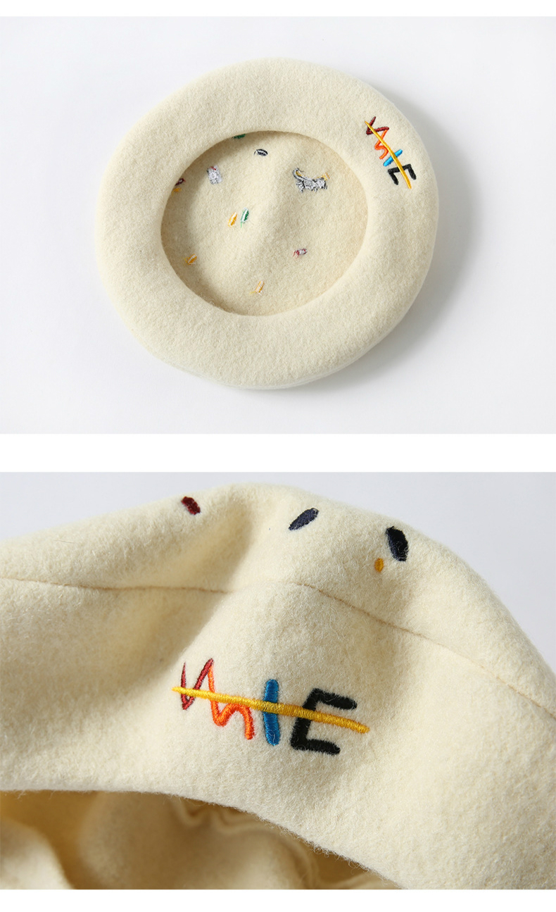 Woolen  Beret Women Japanese Cute Crown Cartoon Painter Hat Embroidery Colorful Dots Retro Beret Sweet Wool Cap