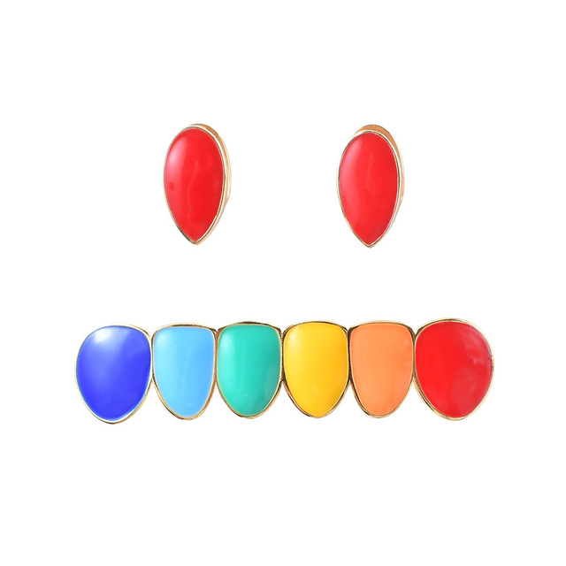 Hip Hop Rainbow Fangs Teeth Grillz Set Gold Silver Color Grills Dental Halloween Vampire Teeth Grillz Set Gifts