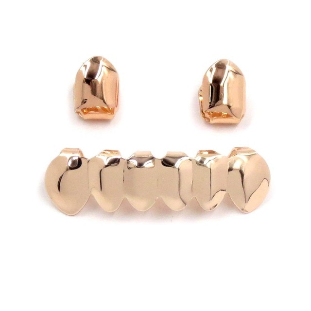 New Fit Hip Hop Rose Gold Color Plated Mouth Grillz Set 2 pcs Single Top & 6 teeth Bottom Set Black Gun Grills