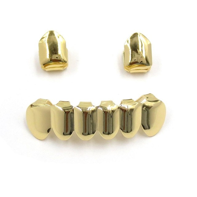 New Fit Hip Hop Rose Gold Color Plated Mouth Grillz Set 2 pcs Single Top & 6 teeth Bottom Set Black Gun Grills