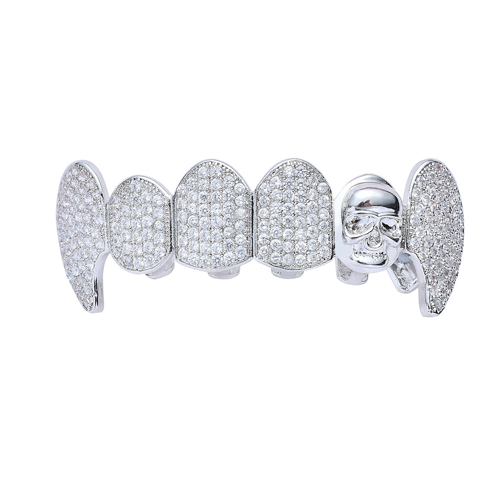 Hip Hop Grillz Iced Out CZ Fang Mouth Teeth Grills Caps Skeleton Top Bottom Tooth Set Men Women Vampire Grills Fashion Jewelry