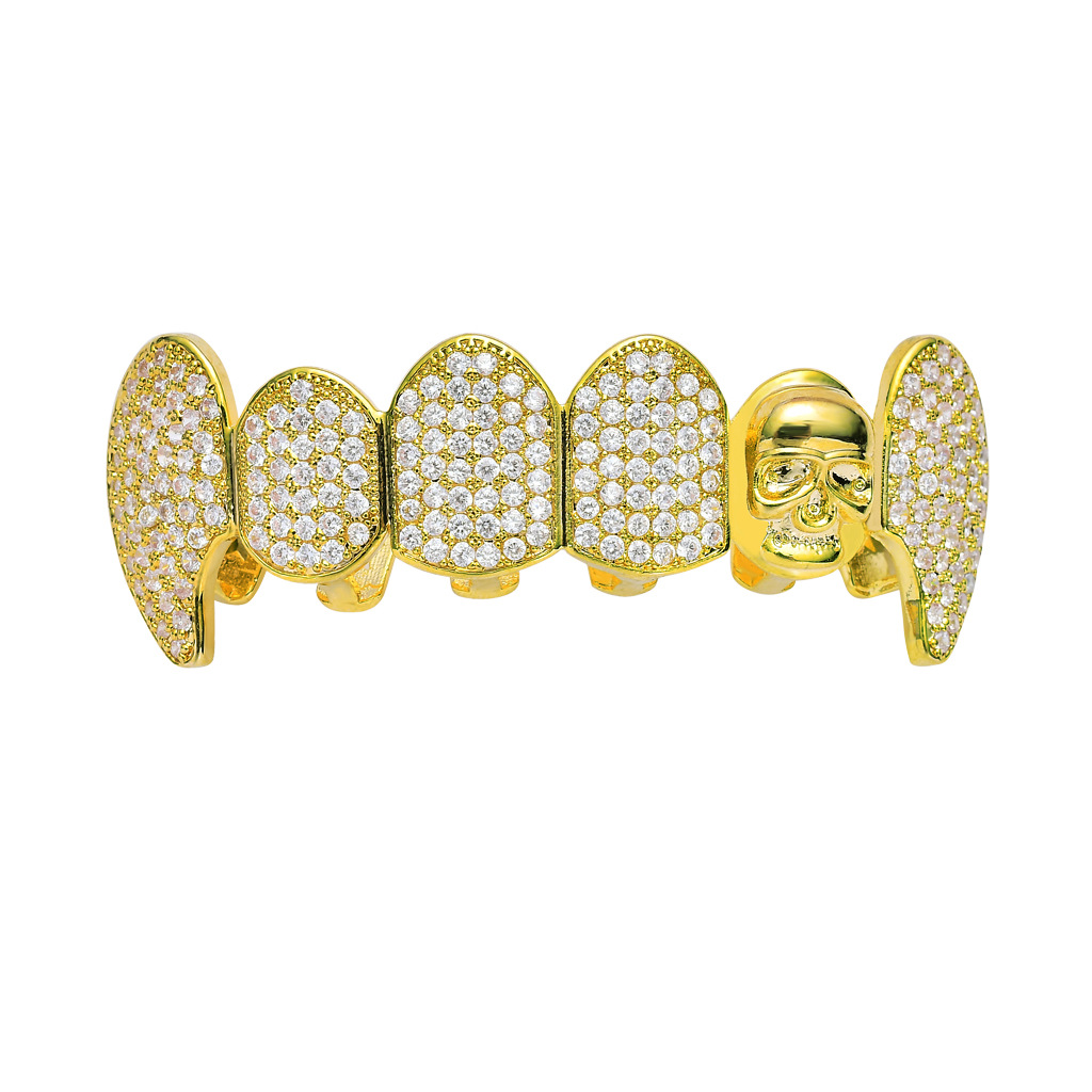 Hip Hop Grillz Iced Out CZ Fang Mouth Teeth Grills Caps Skeleton Top Bottom Tooth Set Men Women Vampire Grills Fashion Jewelry