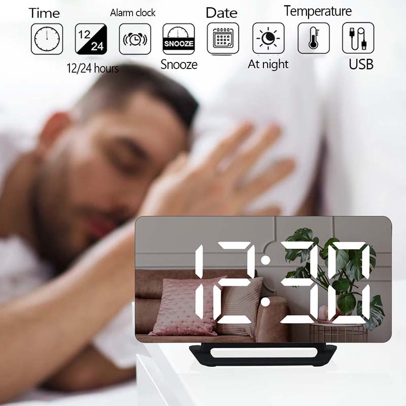 LED Digital Alarm Clock Watch Mirror Table Electronic Desktop Clocks USB Wake Up Time Snooze Function 3 Alarm