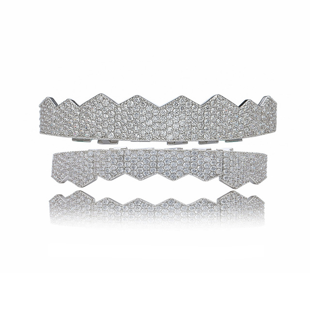 Iced Out Gold Silver Color Teeth Grillz Micro Pave Cubic Zircon Top & Bottom Teeth Grills Set Hip Hop Men Jewelry Gifts
