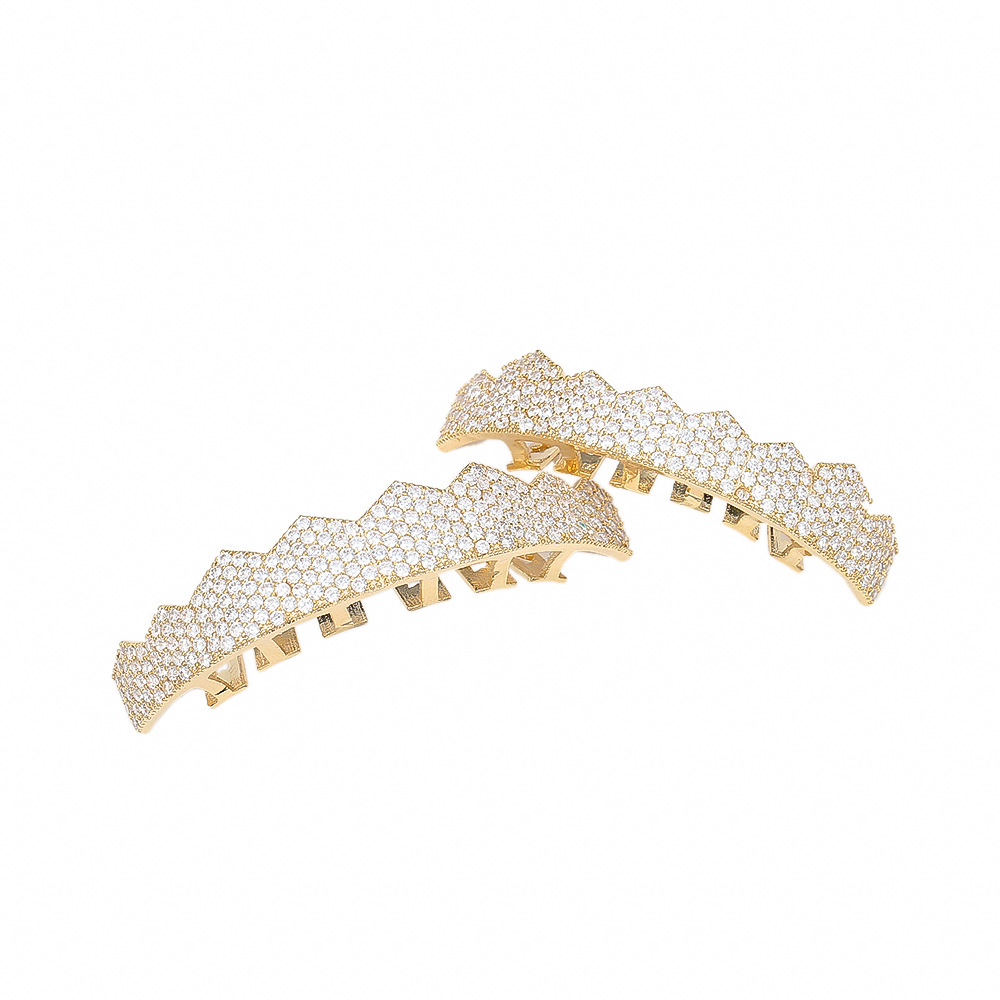 Iced Out Gold Silver Color Teeth Grillz Micro Pave Cubic Zircon Top & Bottom Teeth Grills Set Hip Hop Men Jewelry Gifts