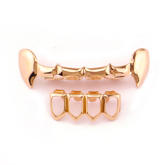 Hip Hop Teeth Grillz Set For Unisex Top Bottom Mouth Gold Silver Color Teeth Grills Hollow Out Tooth Caps Dental Fashion Jewelry