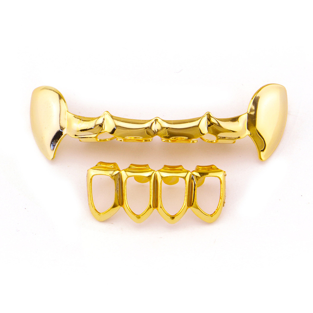Hip Hop Teeth Grillz Set For Unisex Top Bottom Mouth Gold Silver Color Teeth Grills Hollow Out Tooth Caps Dental Fashion Jewelry
