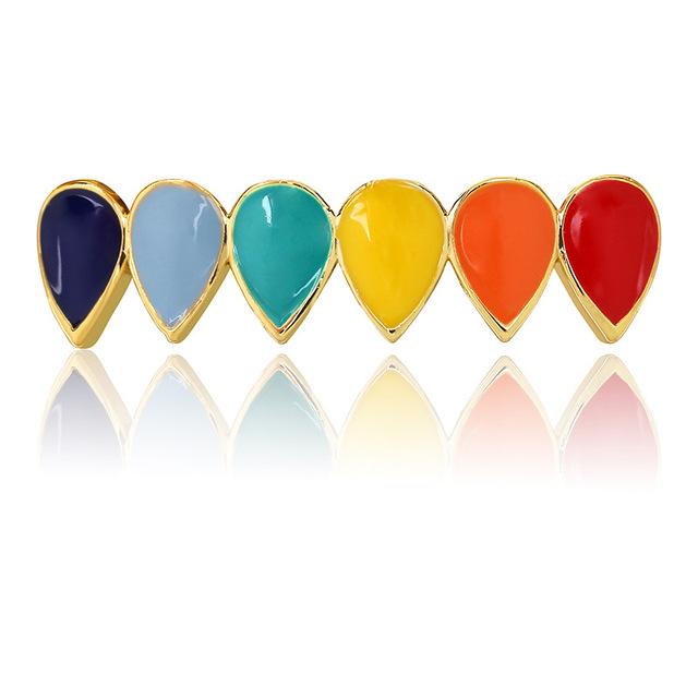 Hip Hop Rainbow Colorful Fangs Teeth Grills Set Top&Bottom Gold Silver Color Teeth Braces Dental Halloween Vampire Teeth Gifts