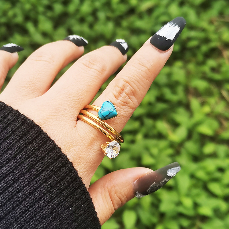 heart blue stone stainless steel rings for women fashion gold color finger ring
