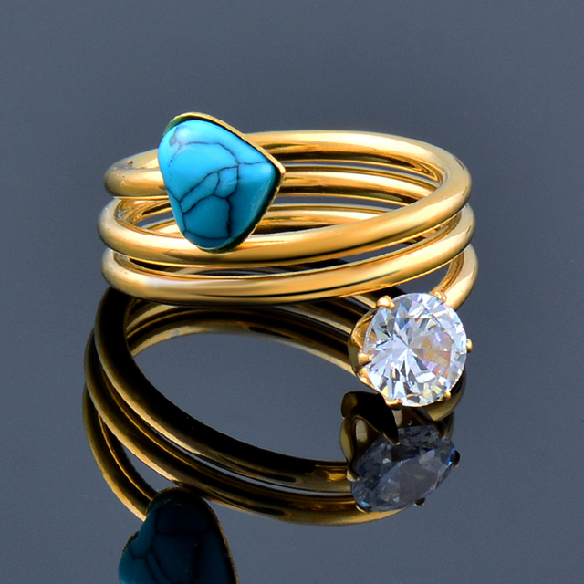 heart blue stone stainless steel rings for women fashion gold color finger ring