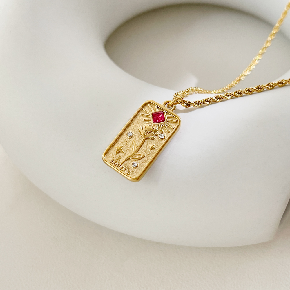 Vintage Tarot Square Rose Sun Pendant Necklaces for Women Stainless Steel Rope Chain Necklace Non Tarnish Jewelry