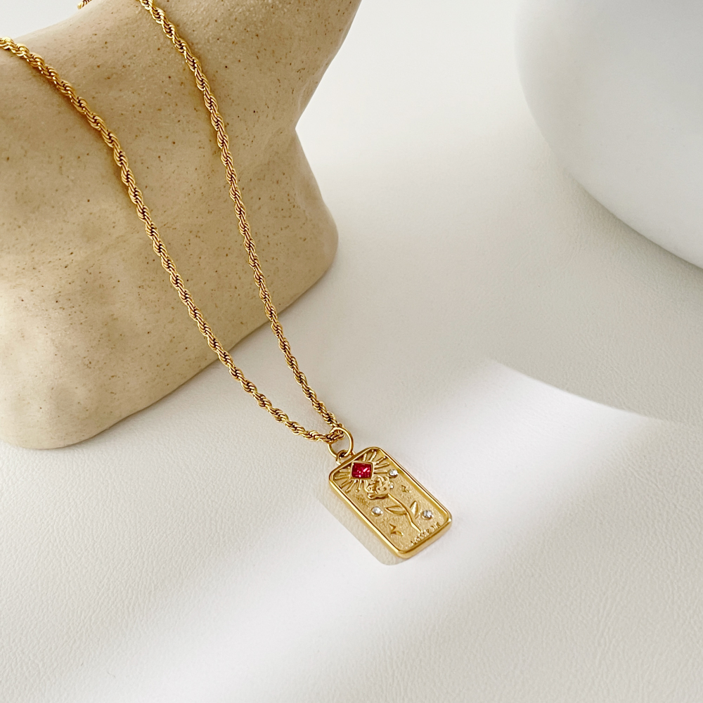 Vintage Tarot Square Rose Sun Pendant Necklaces for Women Stainless Steel Rope Chain Necklace Non Tarnish Jewelry