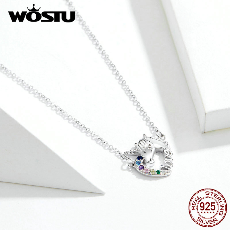 Real 925 Sterling Silver Unicorn Of Love Necklaces Zircon Pendant Long Chain Link For Women Wedding Fashion Jewelry