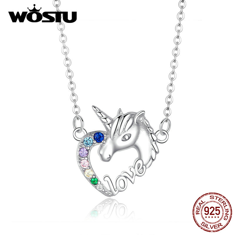 Real 925 Sterling Silver Unicorn Of Love Necklaces Zircon Pendant Long Chain Link For Women Wedding Fashion Jewelry