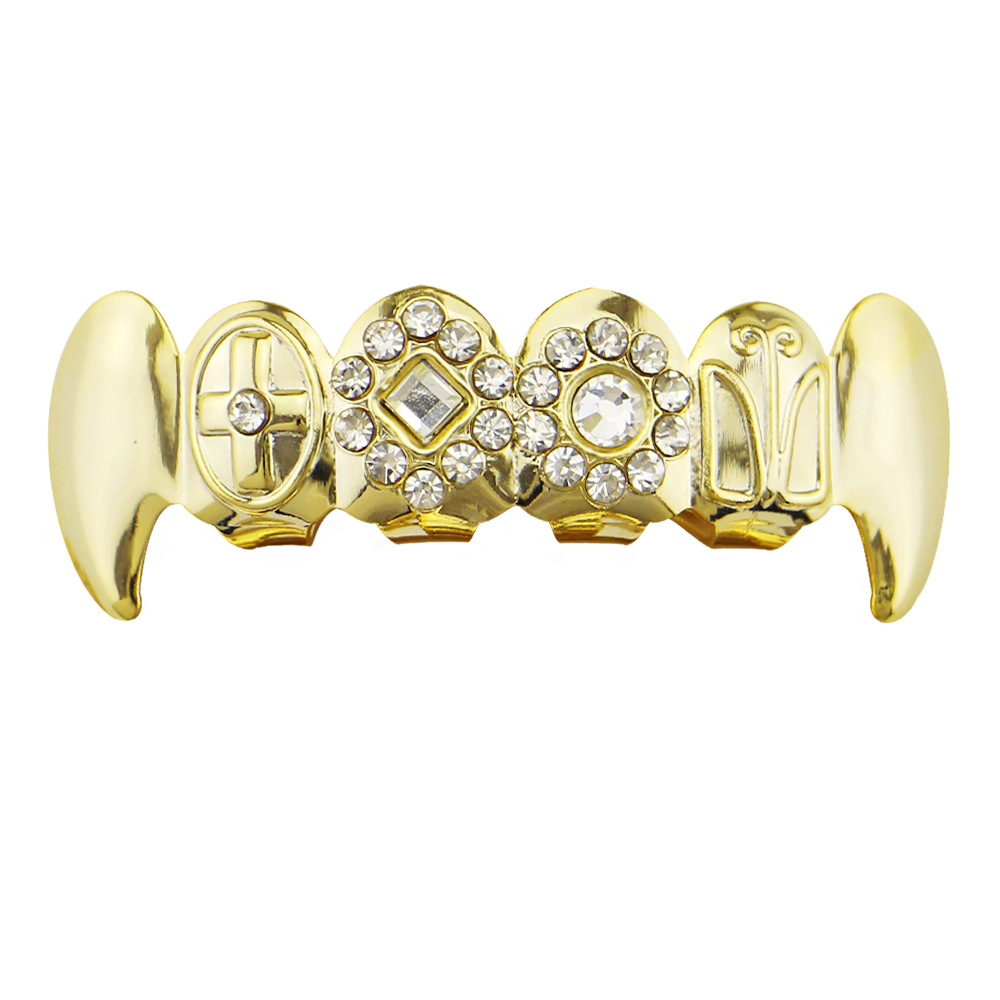 Punk Gold Teeth Grillz Top Bottom Grills Dental Rhinestone Vampire Teeth Caps Halloween Mouth Tooth Jewelry Party