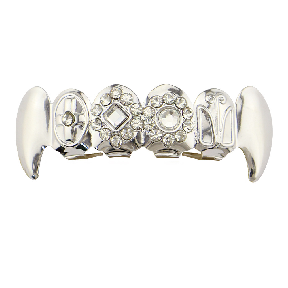 Punk Gold Teeth Grillz Top Bottom Grills Dental Rhinestone Vampire Teeth Caps Halloween Mouth Tooth Jewelry Party