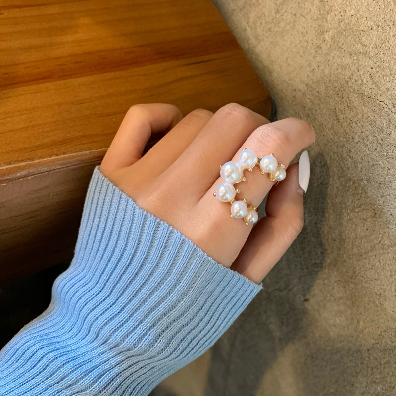 Fashion Big Geometric Pearl Paved Rings For Women Jewelry Personality Statement Open Ring Adjustable Bijoux