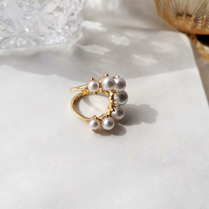 Fashion Big Geometric Pearl Paved Rings For Women Jewelry Personality Statement Open Ring Adjustable Bijoux