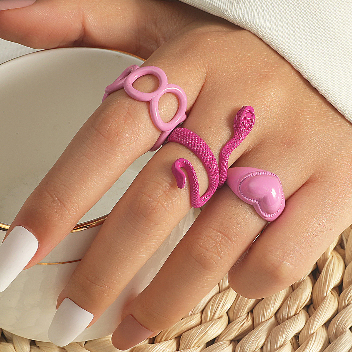 pink snake rings set creative Metal geometric ring pink heart design jewelry women