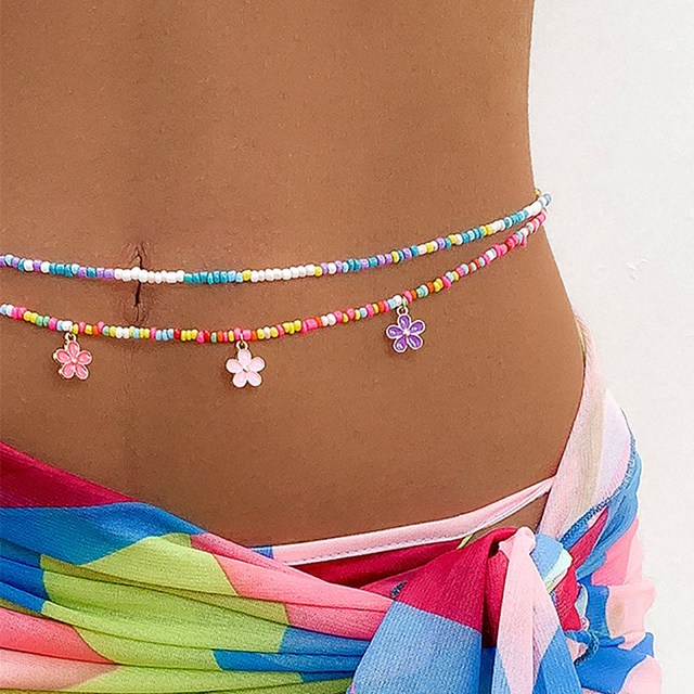 Bohemian Colorful Beaded Waist Chain for Women Flower Pendant Bellt Chain Summer Beach Body Jewelry Gifts