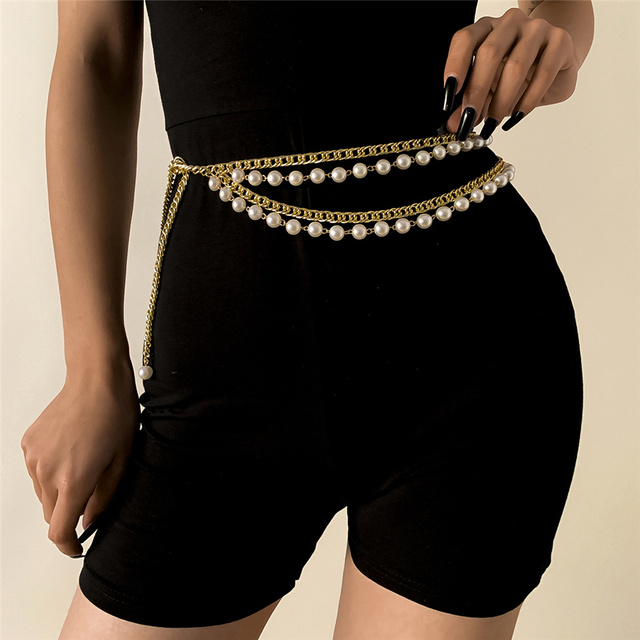 Multilayer Waistband Pants for Women Fashion Belt Hip Hop High Waist Imitation Pearl Tassel Chunky Belly Adjustable Body Jewelry