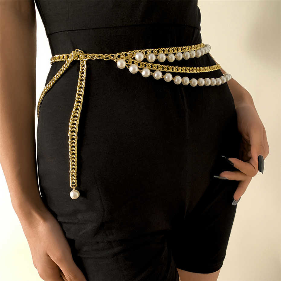 Multilayer Waistband Pants for Women Fashion Belt Hip Hop High Waist Imitation Pearl Tassel Chunky Belly Adjustable Body Jewelry