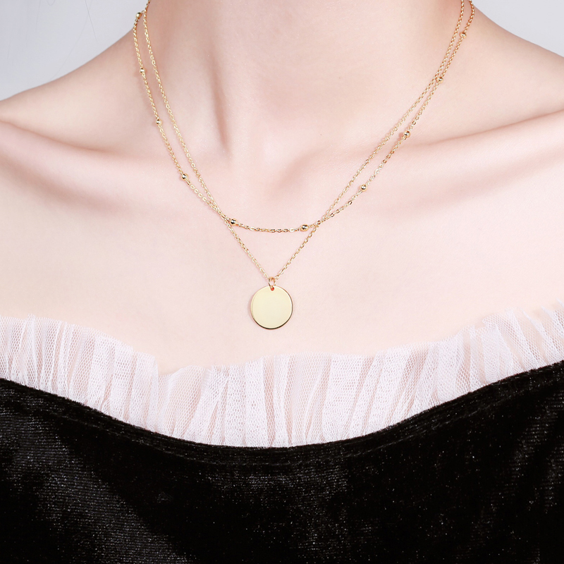 Silver Color Double Layer Round Disc Pendant Necklace Gold Color Bead Chain Charm Necklace For Women Jewelry