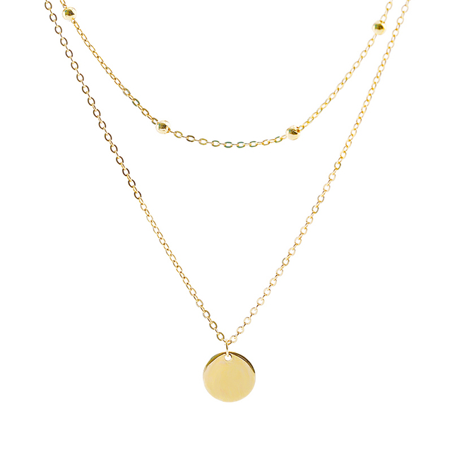 Silver Color Double Layer Round Disc Pendant Necklace Gold Color Bead Chain Charm Necklace For Women Jewelry