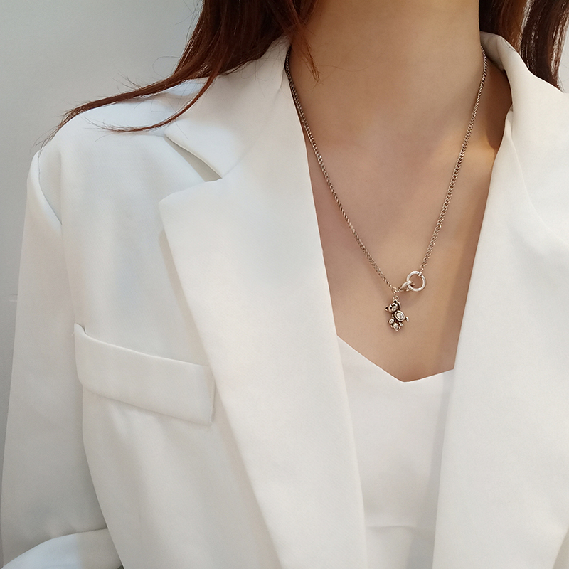 Silver Color Vintage Double Circle Little Bear Necklace Animal Thai Silver Necklace For Women Couple Jewelry