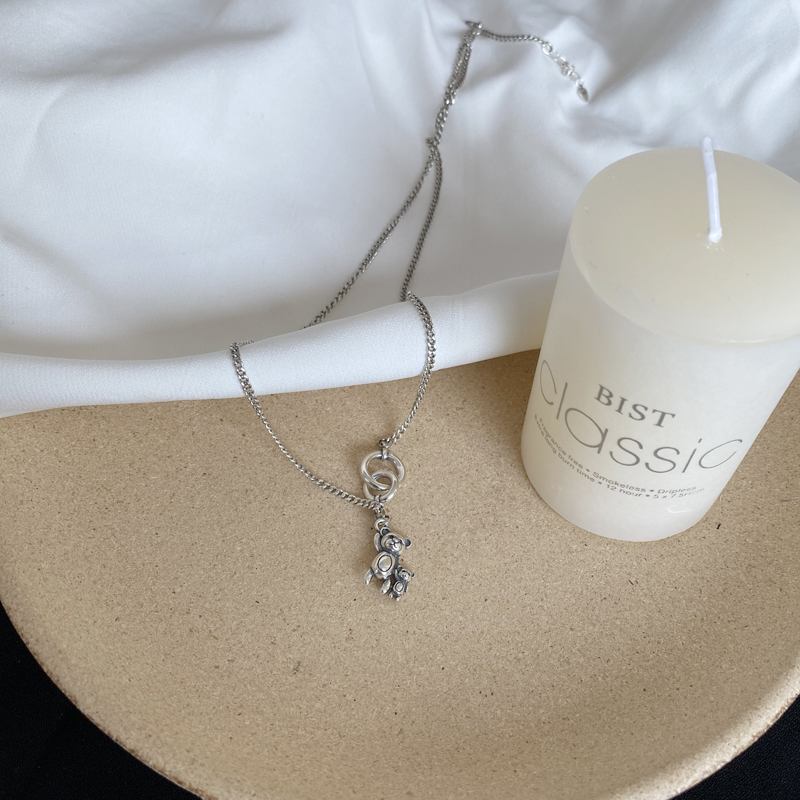 Silver Color Vintage Double Circle Little Bear Necklace Animal Thai Silver Necklace For Women Couple Jewelry