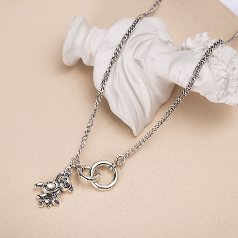 Silver Color Vintage Double Circle Little Bear Necklace Animal Thai Silver Necklace For Women Couple Jewelry