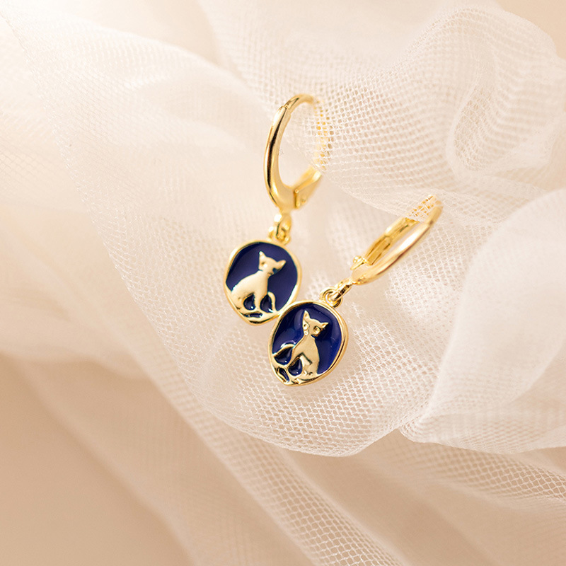 Cat Pattern Earrings Lady Blue Drop Glue Round Pendant  Short Earrings Trendy Simple Party Jewelry Accessories Gifts