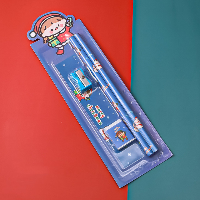 Christmas pencil set cute pencil Student stationery set children pencil sharpener ruler Rubber school supplies Christmas gifts