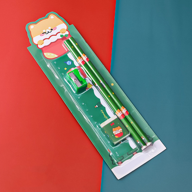 Christmas pencil set cute pencil Student stationery set children pencil sharpener ruler Rubber school supplies Christmas gifts