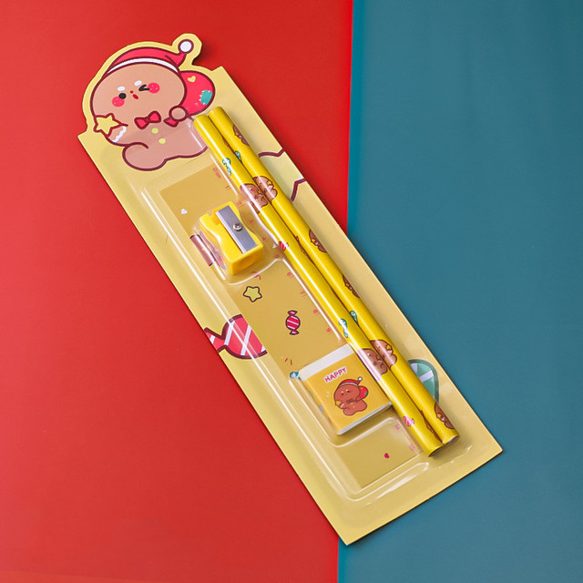 Christmas pencil set cute pencil Student stationery set children pencil sharpener ruler Rubber school supplies Christmas gifts